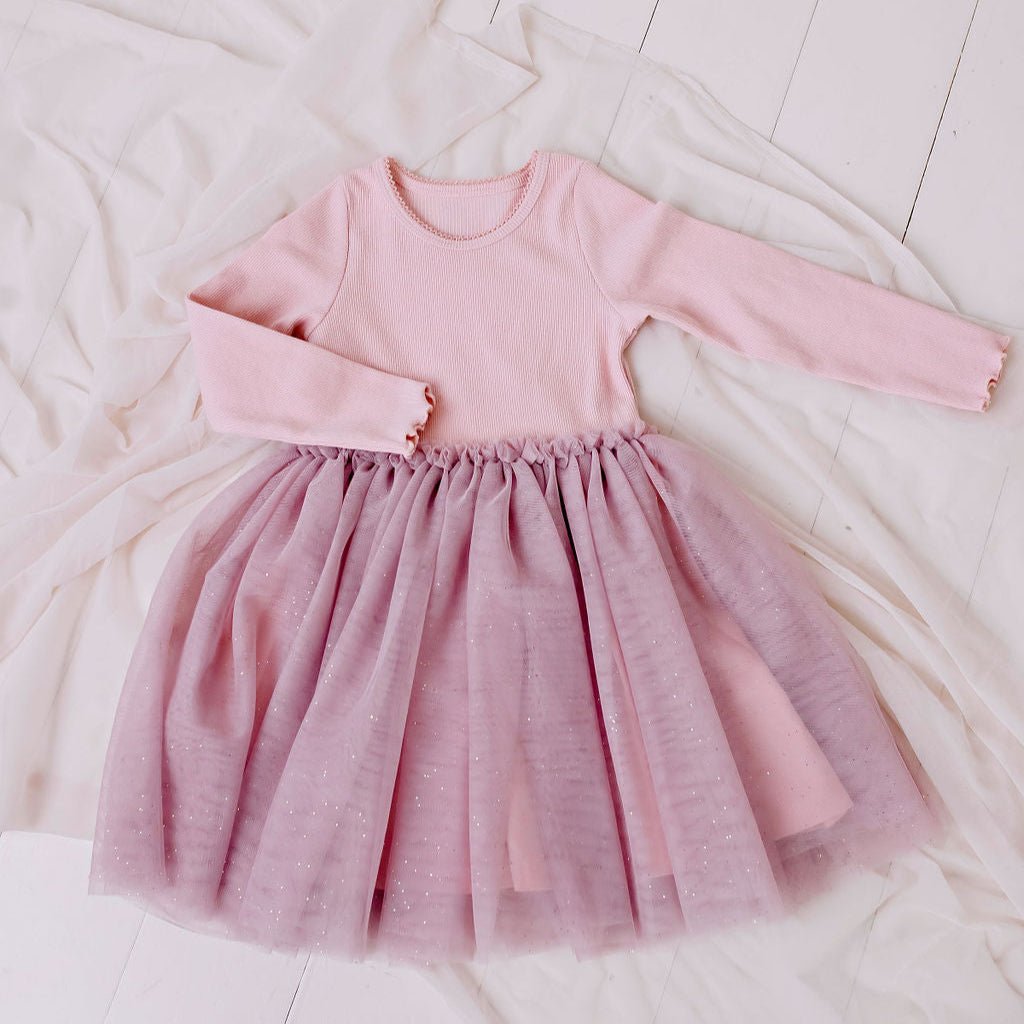 Confetti Kids Dusty Pink Long Sleeve Ribbed Tulle Dress