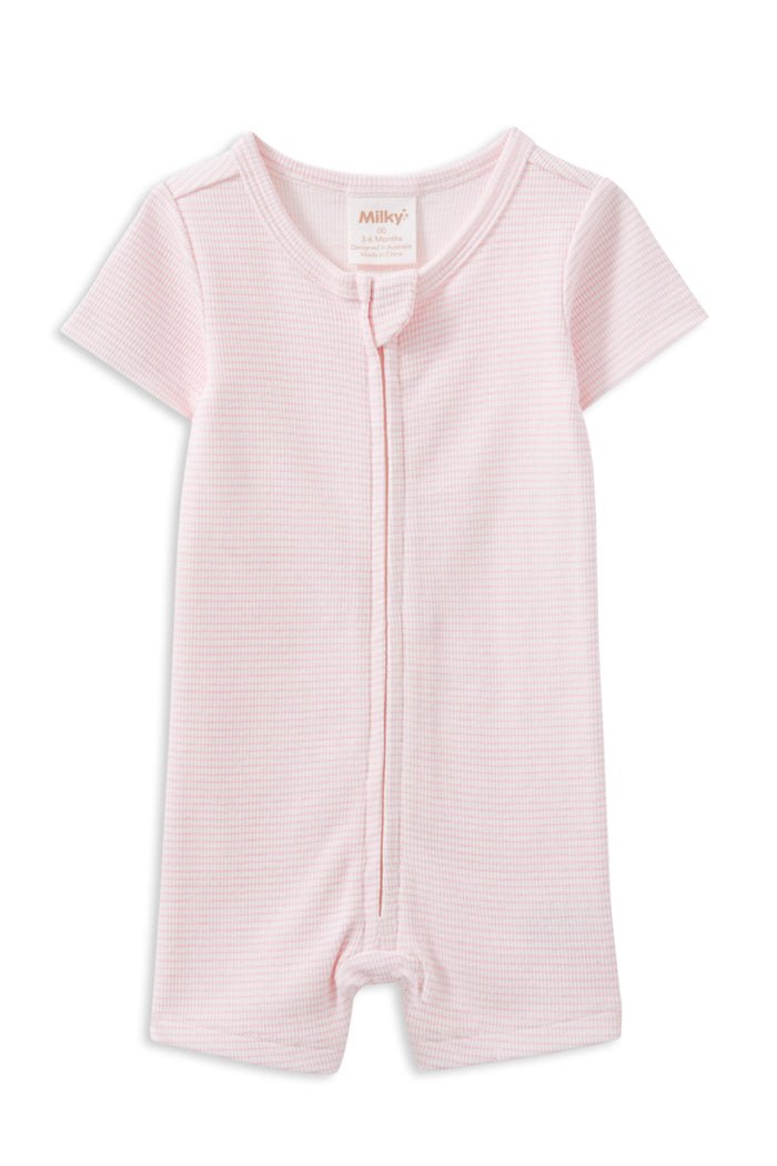 Milky Clothing Pink Stripe Rib Zip Romper