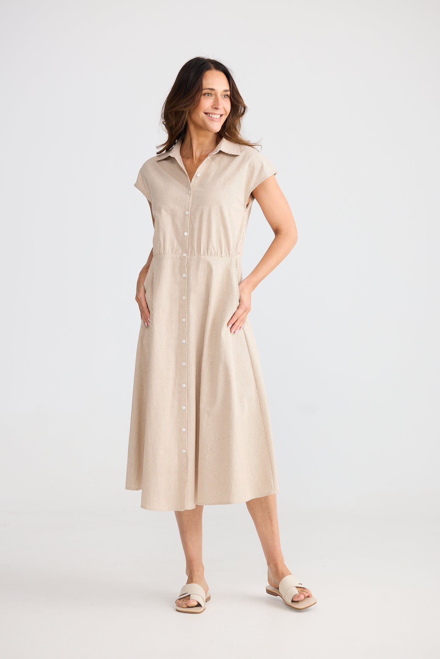 Brave and True Musings Dress Latte Pinstripe