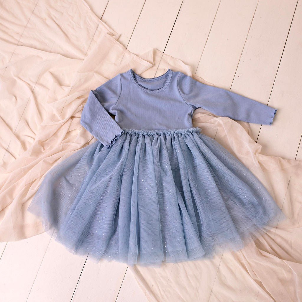 Confetti Kids Dusty Blue Long Sleeve Ribbed Tulle Dress