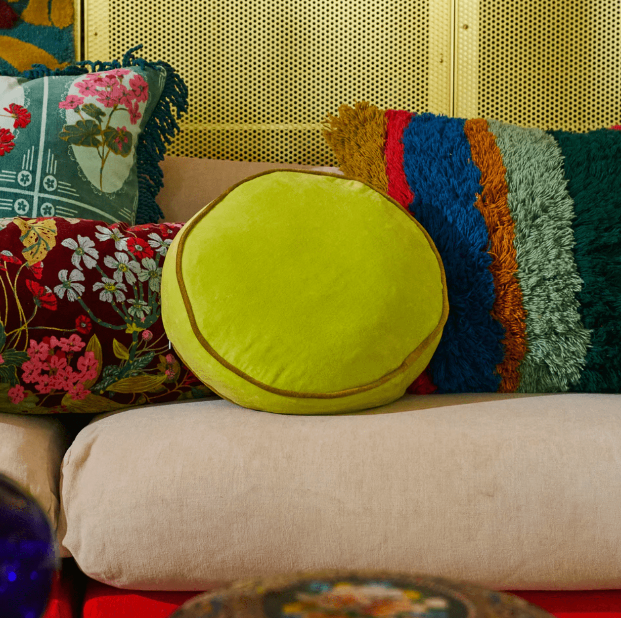 Sage and Clare Round Velvet Cushion Chartreuse