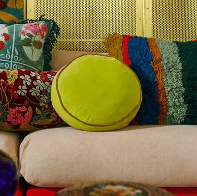 Sage and Clare Round Velvet Cushion Chartreuse