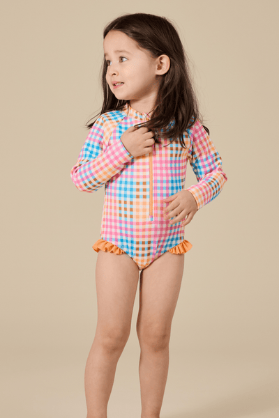 Goldie and Ace Rainbow Gingham Long Sleeve Frill Swimsuit