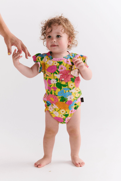 Kip and Co Follow The Sun Yellow Organic Short Sleeve Frill Romper