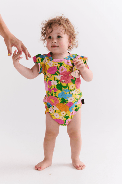 Kip and Co Follow The Sun Yellow Organic Short Sleeve Frill Romper