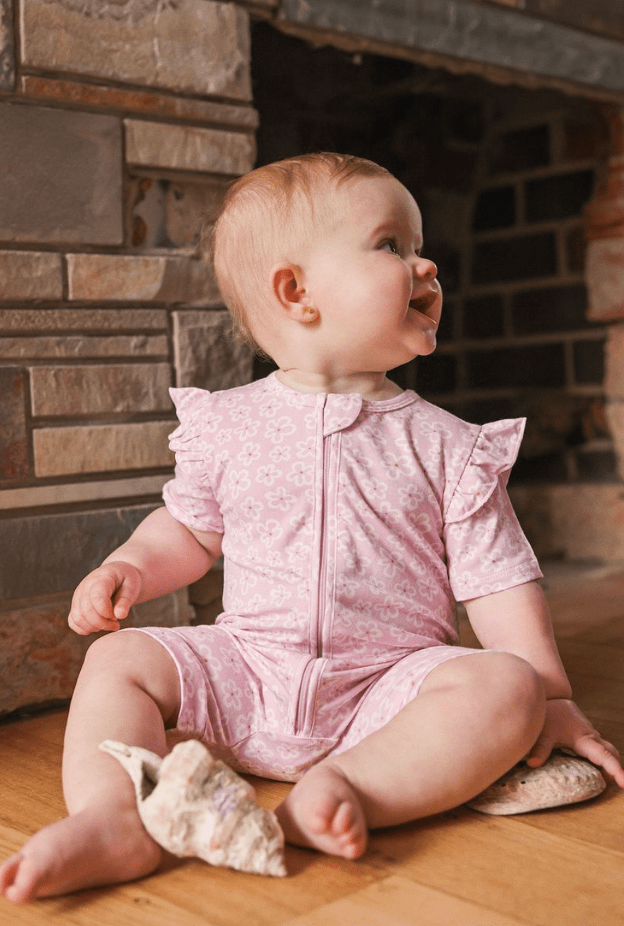 Kynd Baby Day or Night Short Sleeve Frill Onesie-Frangipani