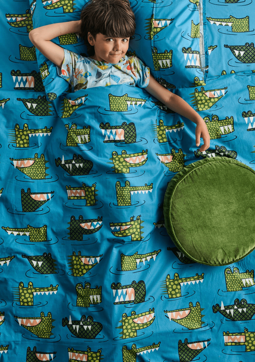 Kip and Co Crocodile Rock Blue Organic Cotton Single Quilt Clover