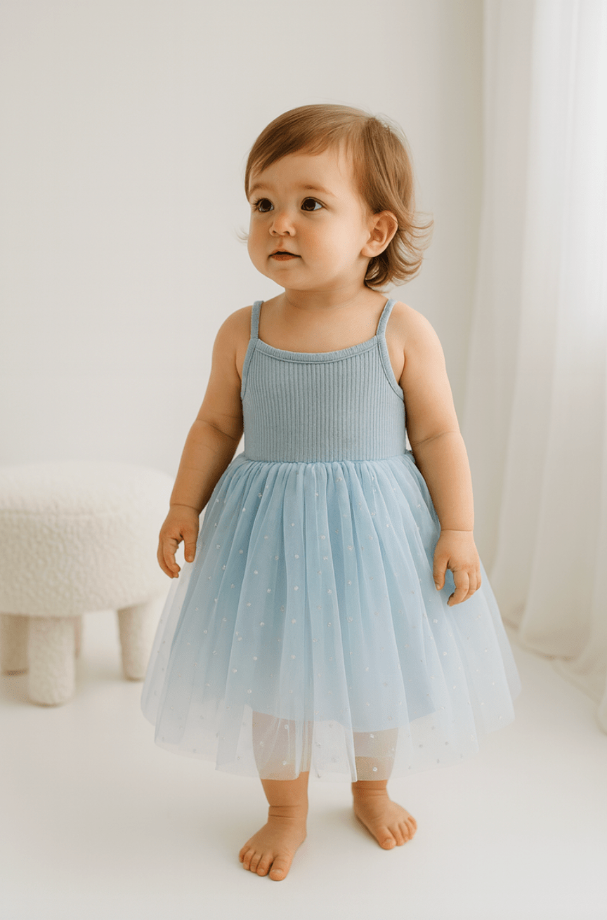 Confetti Kids Ribbed Tulle Dress Dusty Blue