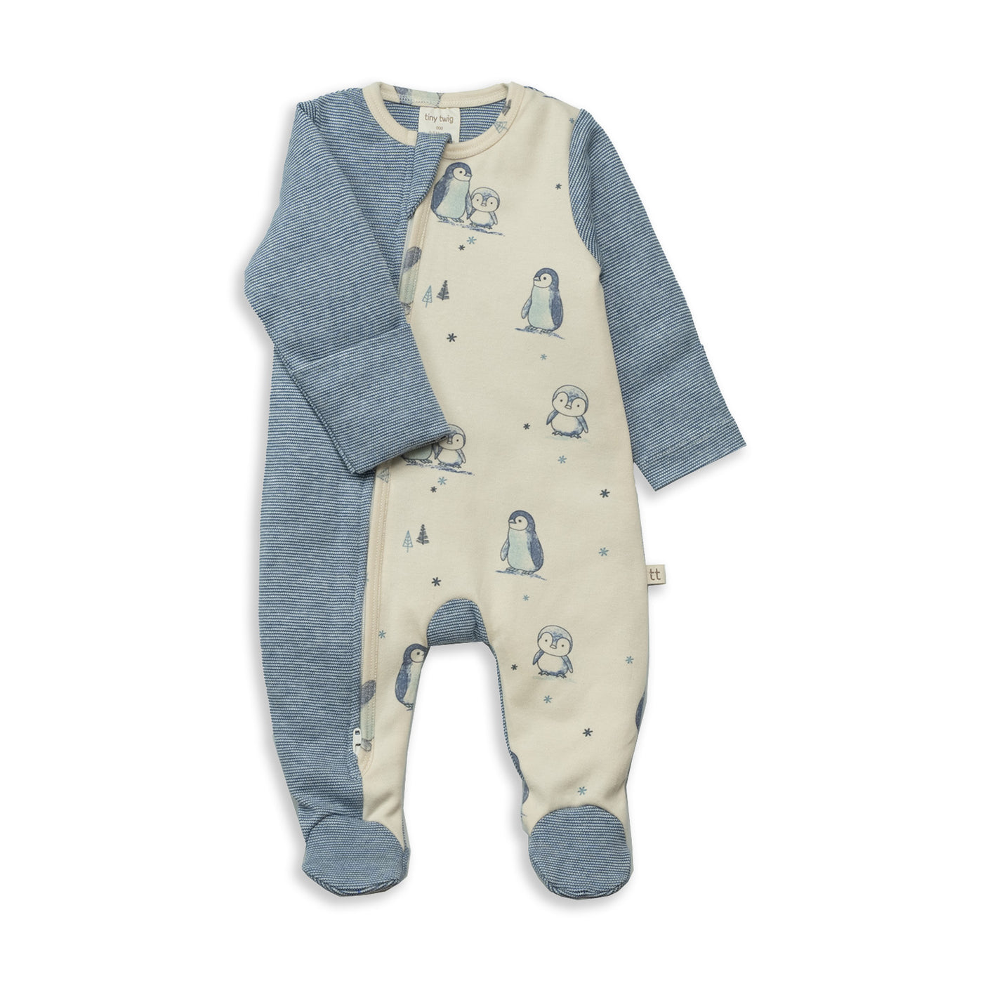 Tiny Twig Side Zipsuit Sapphire Stripes w Penguins