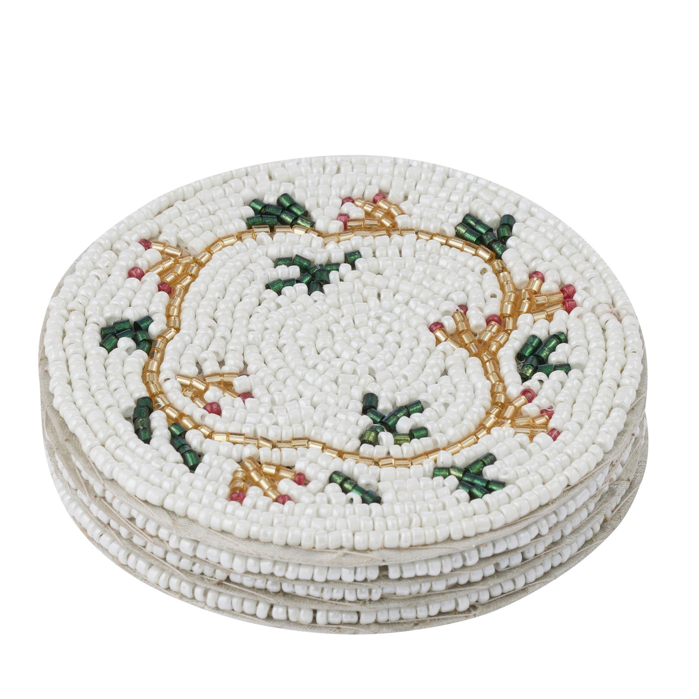 S/4 Glass/Acry  Beaded Coaster 10cm White/Green